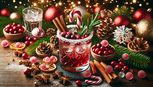 Christmas cocktail scene with various garnishes like sugared cranberries, rosemary sprigs, peppermint candy rims, edible gold flakes, cinnamon sticks, and star anise