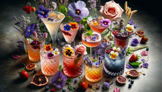 variety of cocktails, each garnished with different edible flowers like hibiscus, lavender, rose petals, borage starflowers, chamomile, and nasturtiums, set in an elegant setting.