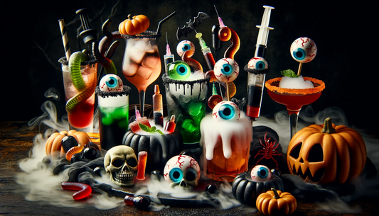 Halloween cocktail scene with various garnishes like eyeball ice spheres, gummy worm rims, smoking dry ice, bloody syringe shots, pumpkin spice rims, and black sugar rims, set in a haunted ambiance.